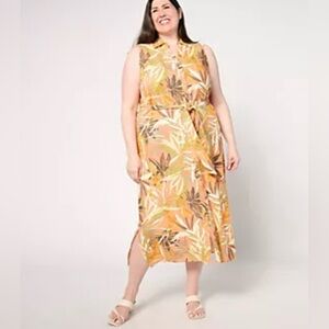 Denim & Co. Naturals Petite Printed Linen Blend Midi Dress Size Petite XL NEW